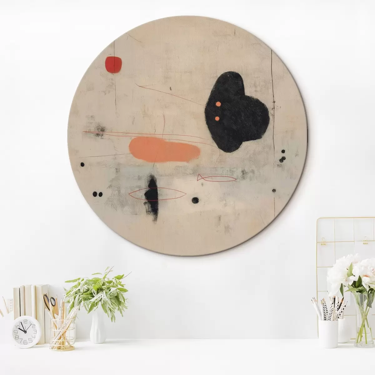 Runde Wandbilder Minimalistische abstrakte Zeichnung mit schwarzen und korallenfarbenen Akzenten r46159