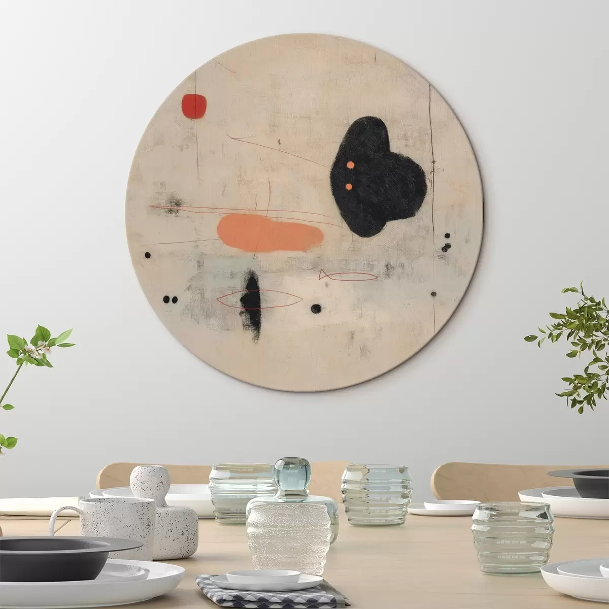 Runde Wandbilder Minimalistische abstrakte Zeichnung mit schwarzen und korallenfarbenen Akzenten r46159