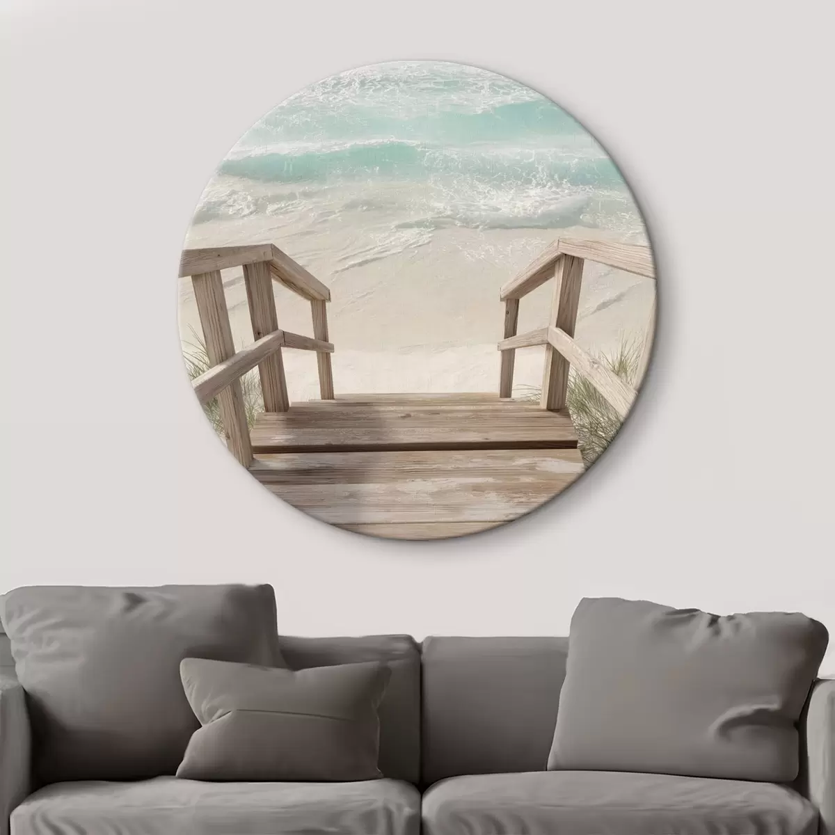 Runde Wandbilder Holztreppe, die zu einem türkisfarbenen Strand führt r46163