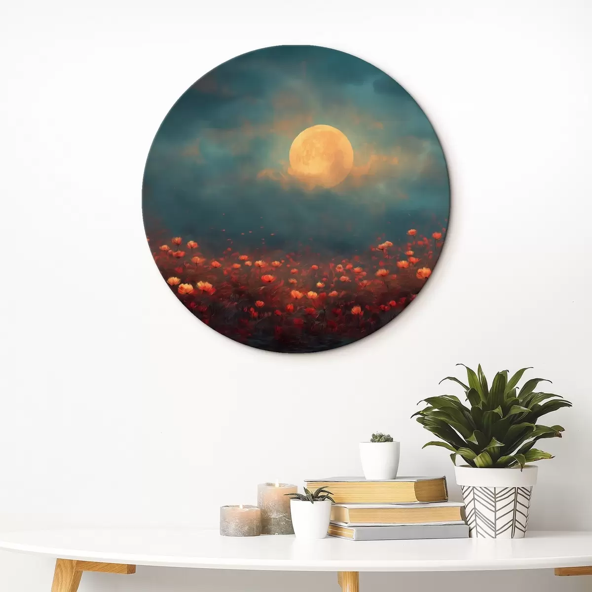 Runde Wandbilder Mond über einem Feld voller roter Blumen an einem nebligen Abendhimmel r46167