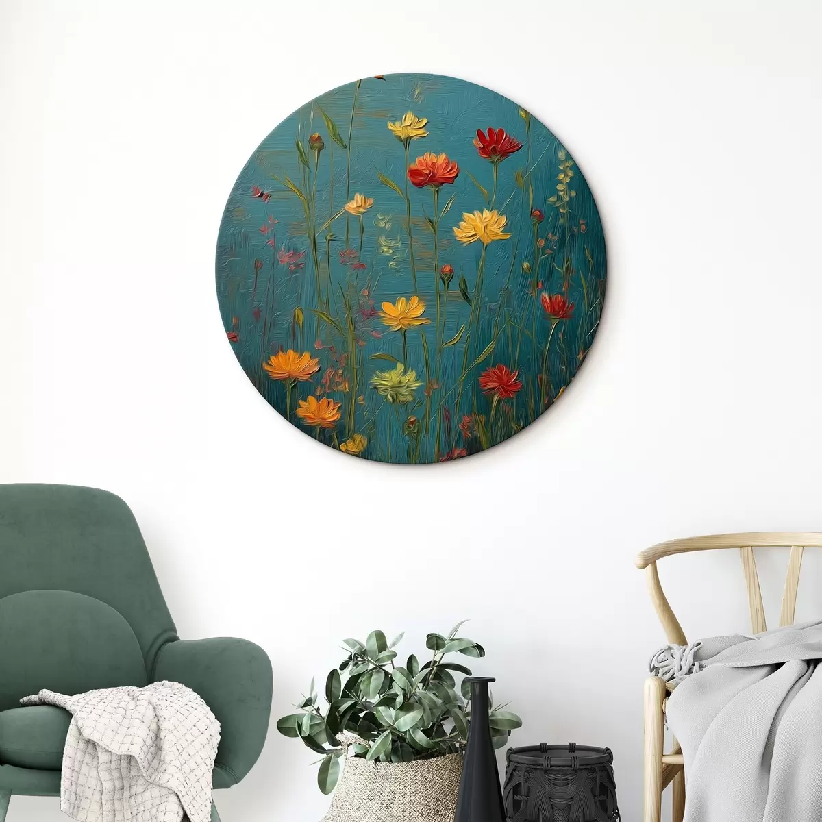 Runde Wandbilder Wildblumen auf tief türkisfarbenem Hintergrund r46169