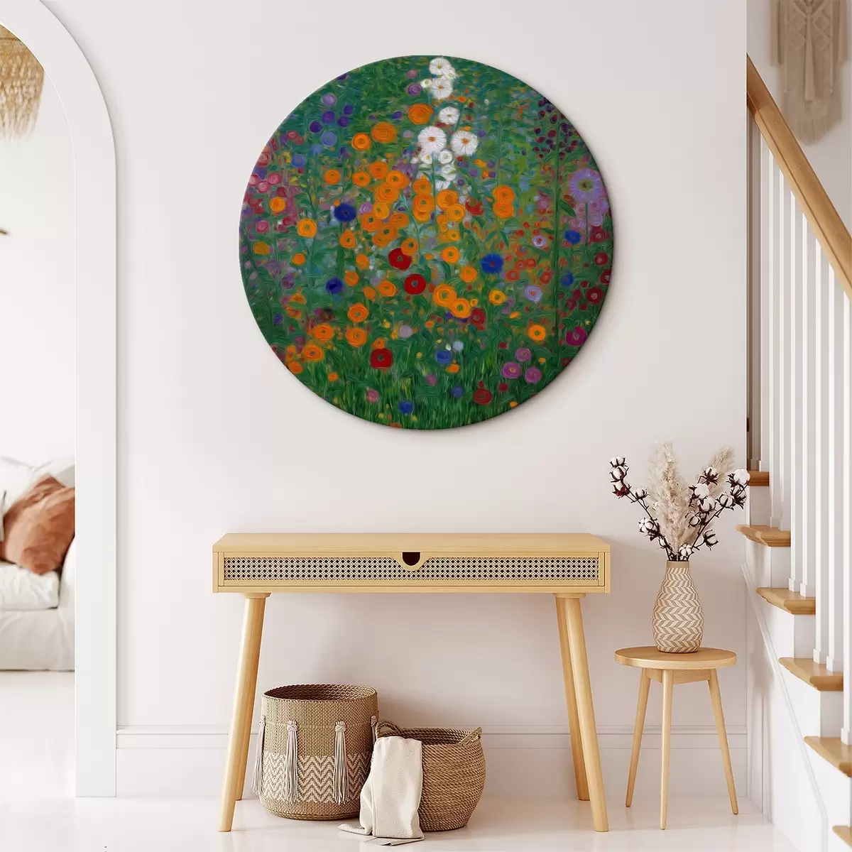 Runde Wandbilder Farbenfrohes Blumenfeld mit weißen Akzenten r46172