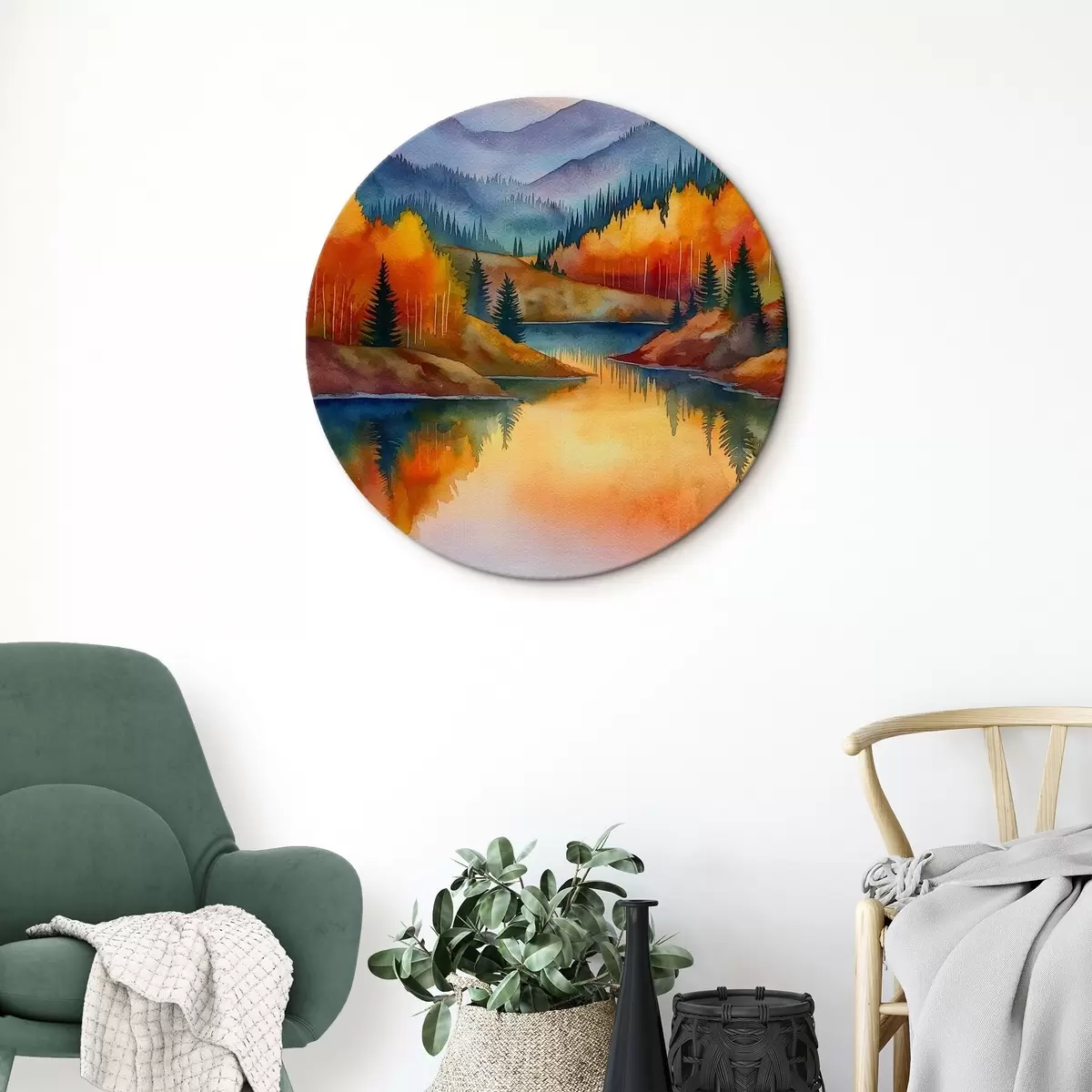 Runde Wandbilder Herbstlandschaft mit Bergen, die sich in einem ruhigen See spiegeln r46174