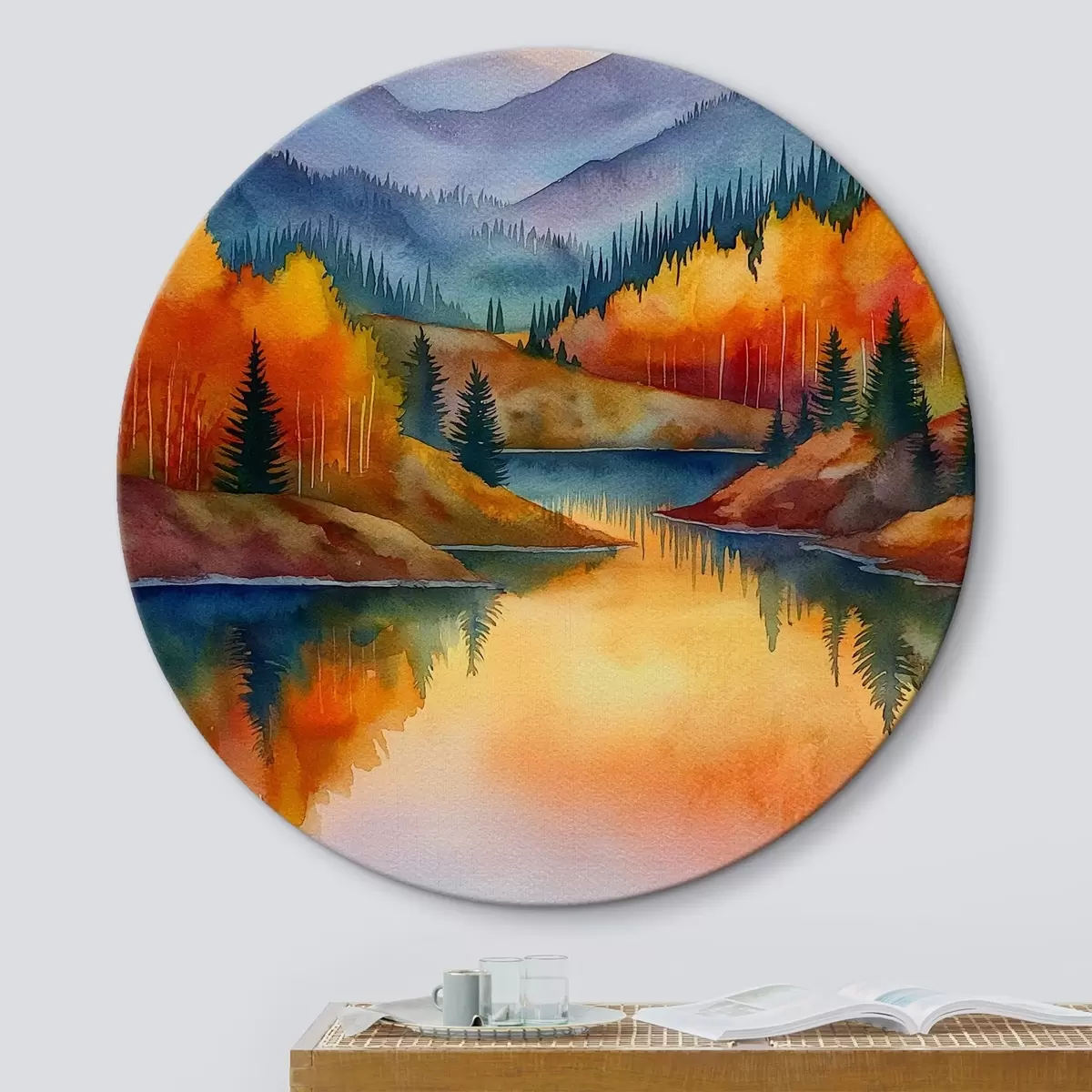 Runde Wandbilder Herbstlandschaft mit Bergen, die sich in einem ruhigen See spiegeln r46174