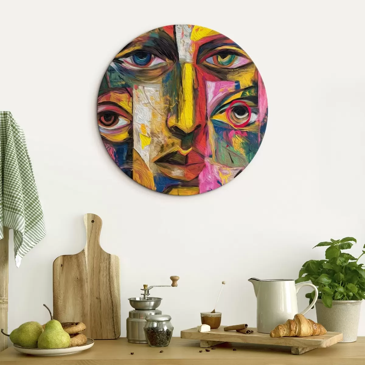 Runde Wandbilder Abstrakte Gesichter mit leuchtenden geometrischen Formen r46175