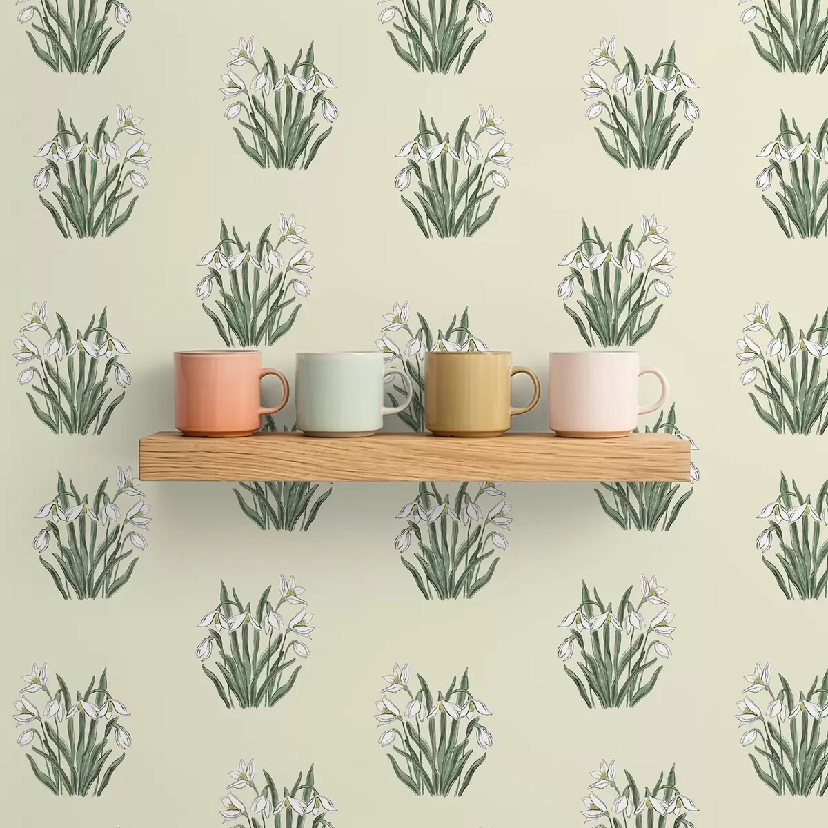 Tapete Schneeglöckchen mit grünen Blättern auf cremefarbenem Hintergrund a00651v2