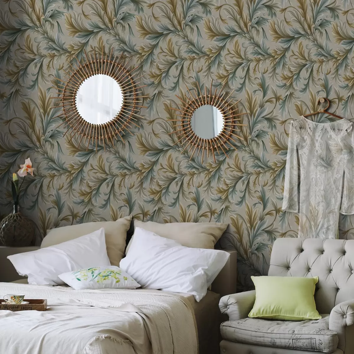 Tapete Voluminöse Blätter in Pastelltönen von Grün und Beige a00674