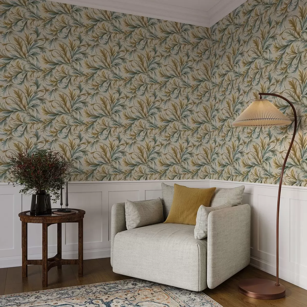 Tapete Voluminöse Blätter in Pastelltönen von Grün und Beige a00674