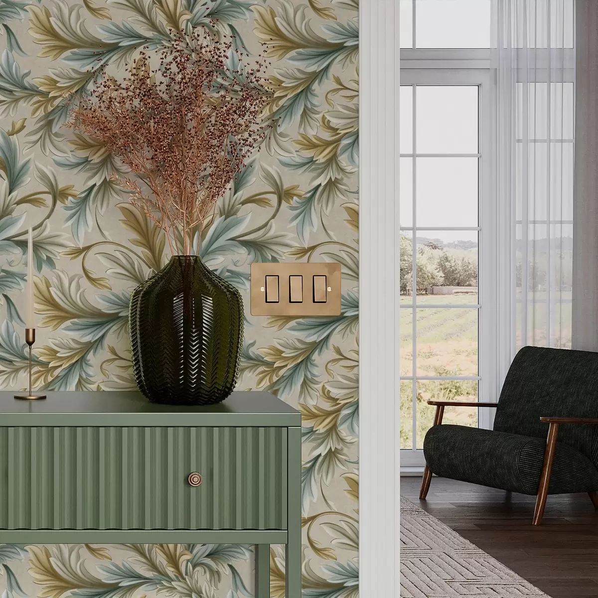 Tapete Voluminöse Blätter in Pastelltönen von Grün und Beige a00674