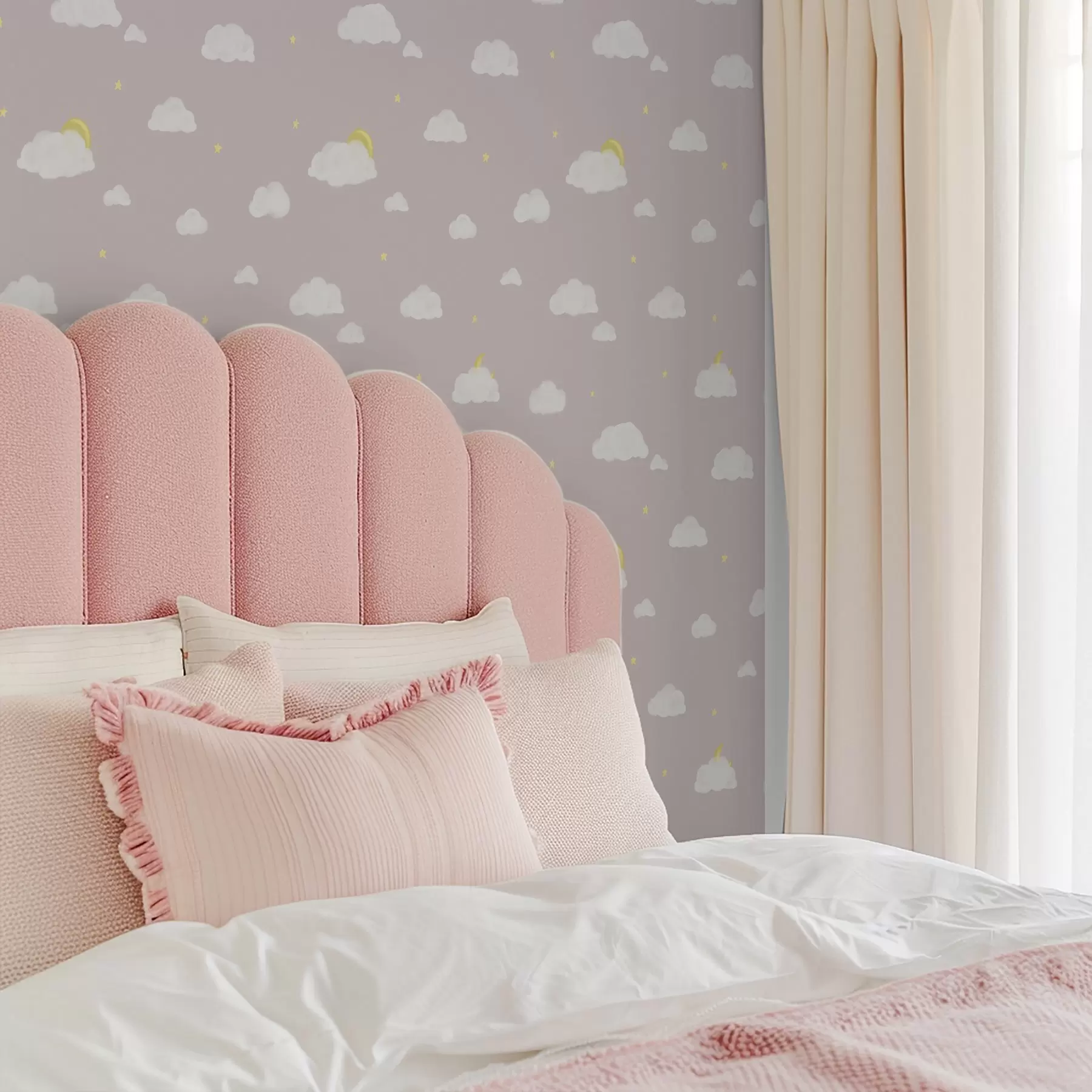 Fototapete Weiche Wolken, Sterne und Sonne auf einem rosafarbenen grauen Hintergrund a00652v2