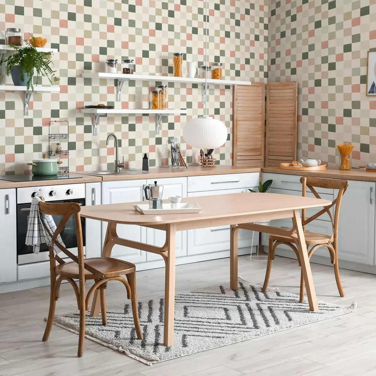 Tapete Weiches Karomuster in Pastelltönen in Grün, Rosa und Beige a00676
