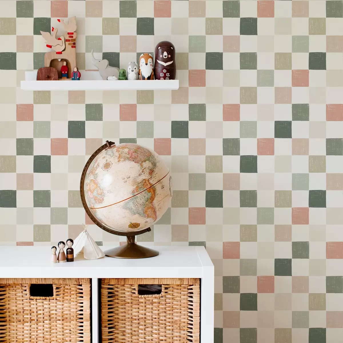 Tapete Weiches Karomuster in Pastelltönen in Grün, Rosa und Beige a00676