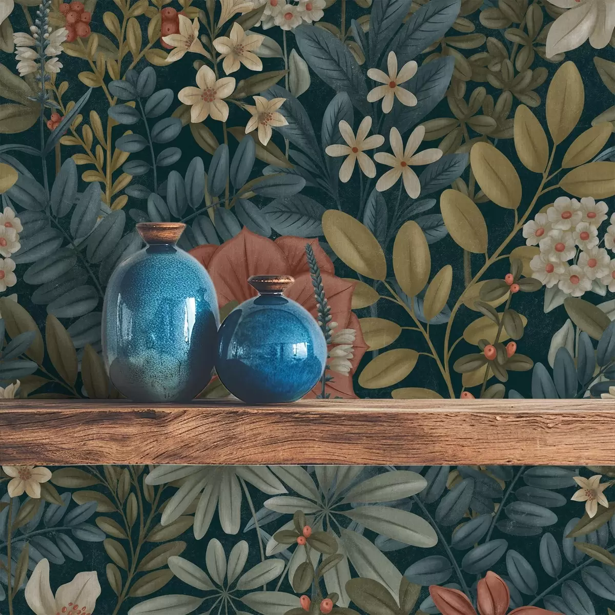 Tapete Dunkler Hintergrund mit dichten Blumen und Blättern in warmen Farbtönen a00678