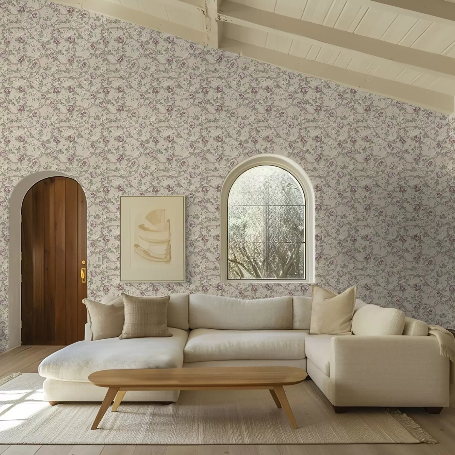 Fototapete Rosen mit grünen Blättern auf warmem beigem Untergrund a00729