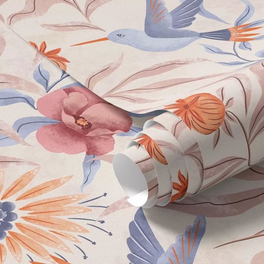 Fototapete Kolibris zwischen großen Blumen in Rosa- und Blautönen a00733