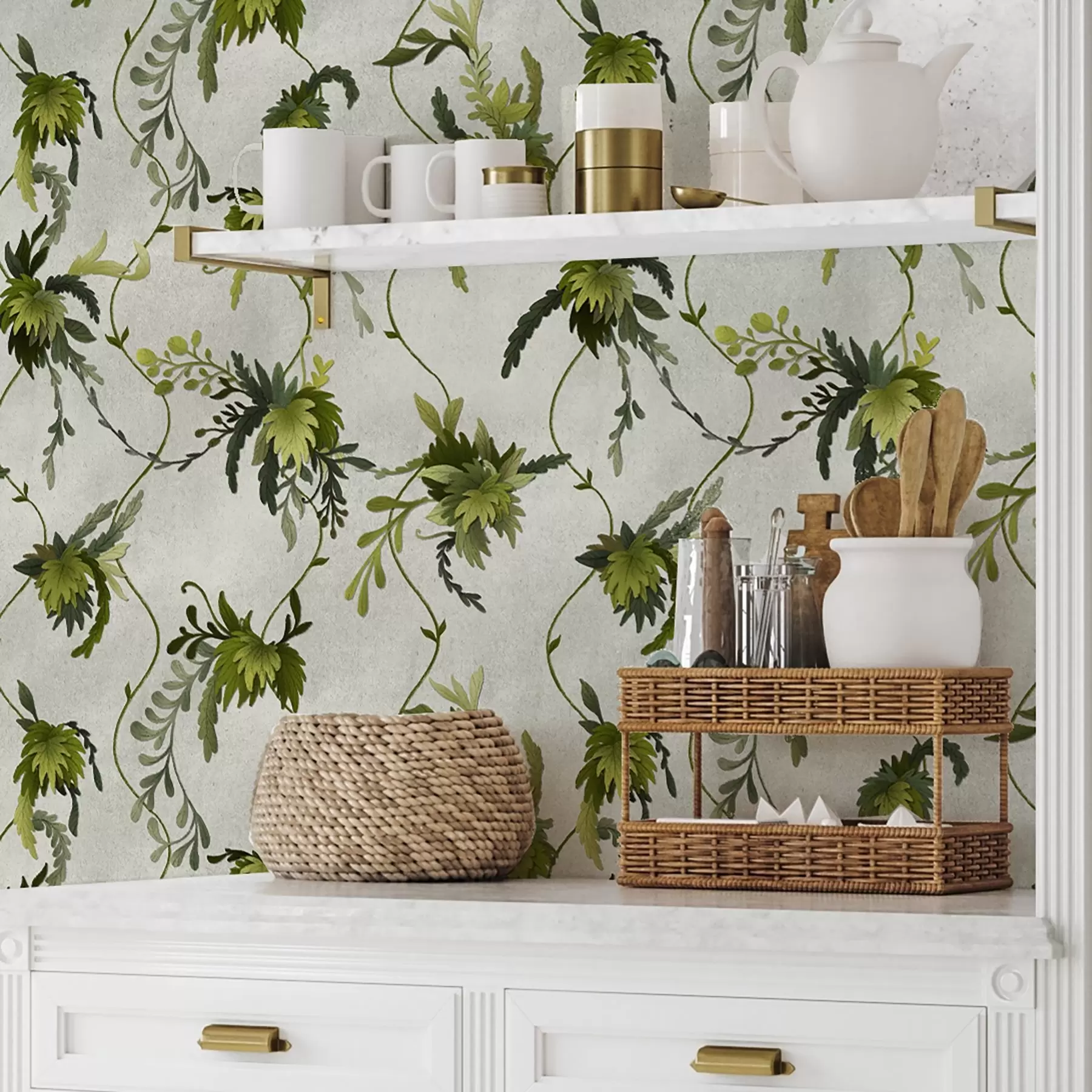 Fototapete Kletternde Äste mit Blättern vor hellem Hintergrund a00806