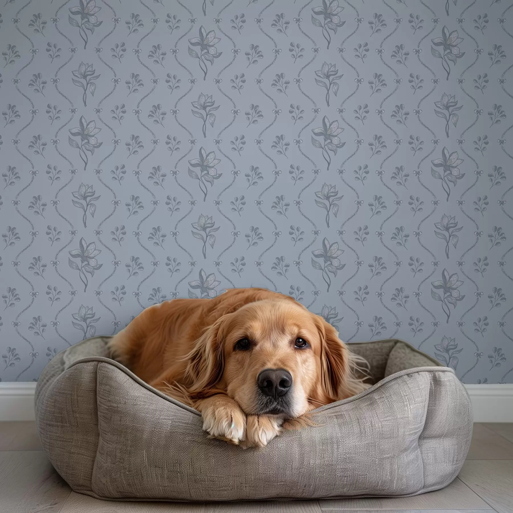 Fototapete Kleine Blumen und Bänder in graublauer Farbpalette a00808v2