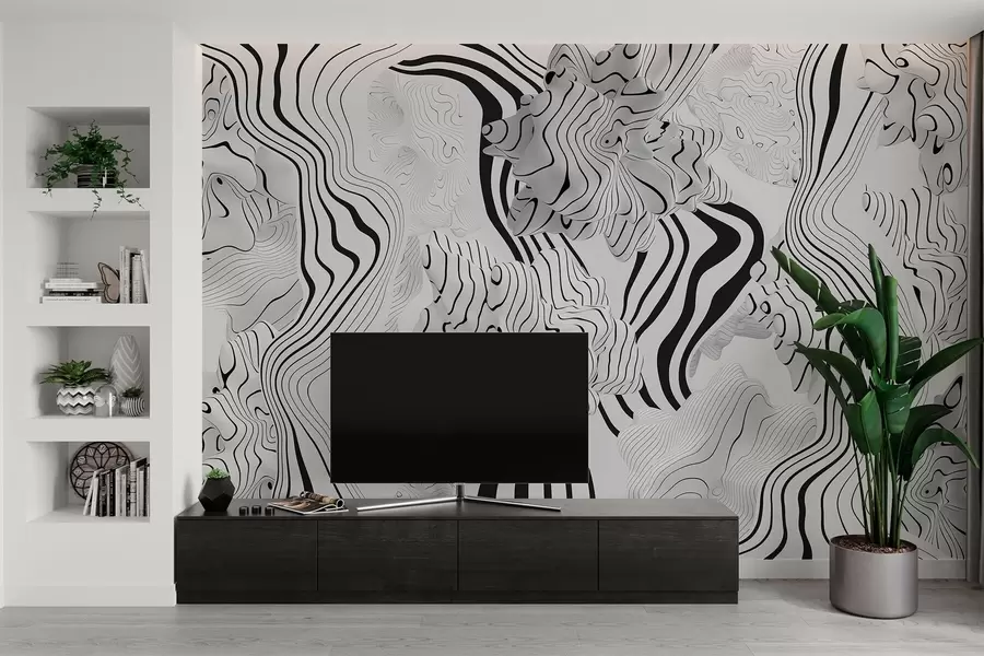 Fototapete Abstrakte organische Formen im 3D-Stil in Weiß- und Grautönen mit schwarzen Streifen w04627