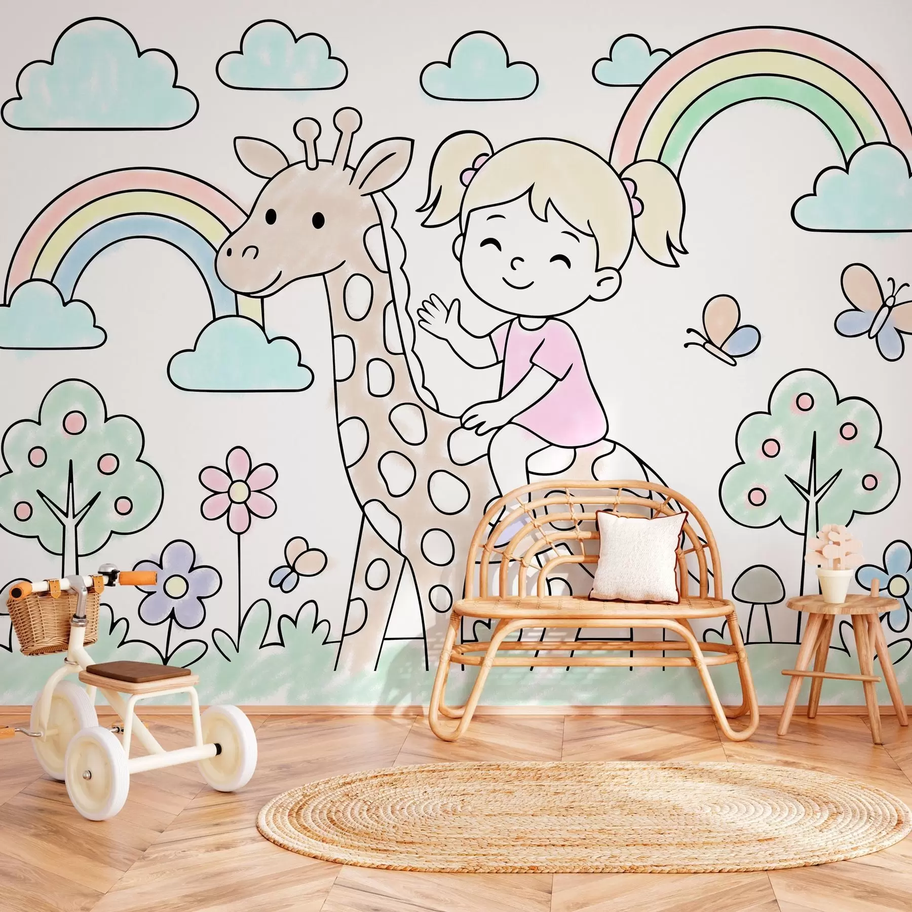 Fototapete mädchen auf einer Giraffe im Stil eines Malbuchs für Kinder w04755
