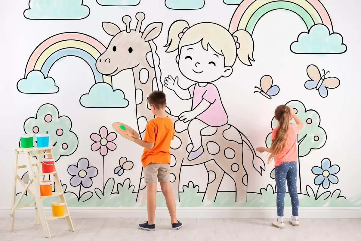 Fototapete mädchen auf einer Giraffe im Stil eines Malbuchs für Kinder w04755