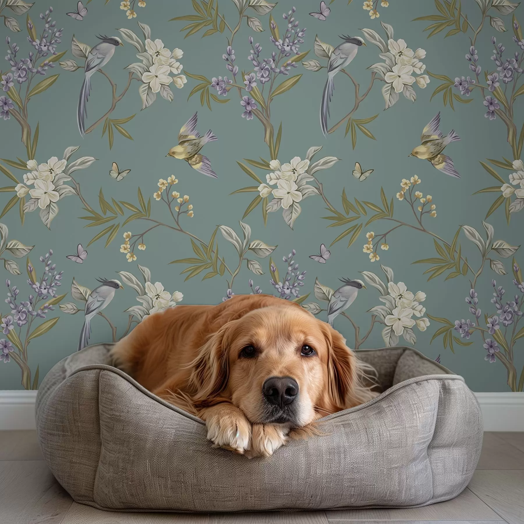 Fototapete Vögel, Blumen und Schmetterlinge auf blaugrauem Hintergrund a00735