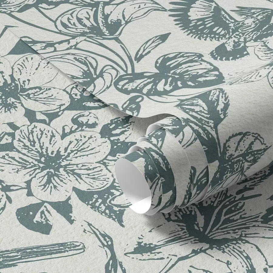 Fototapete Monochromes Blumenornament mit Vögeln a00737