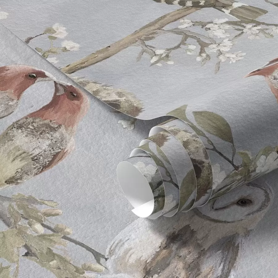 Fototapete Vögel auf Ästen mit Blumen vor grauem Hintergrund a00738