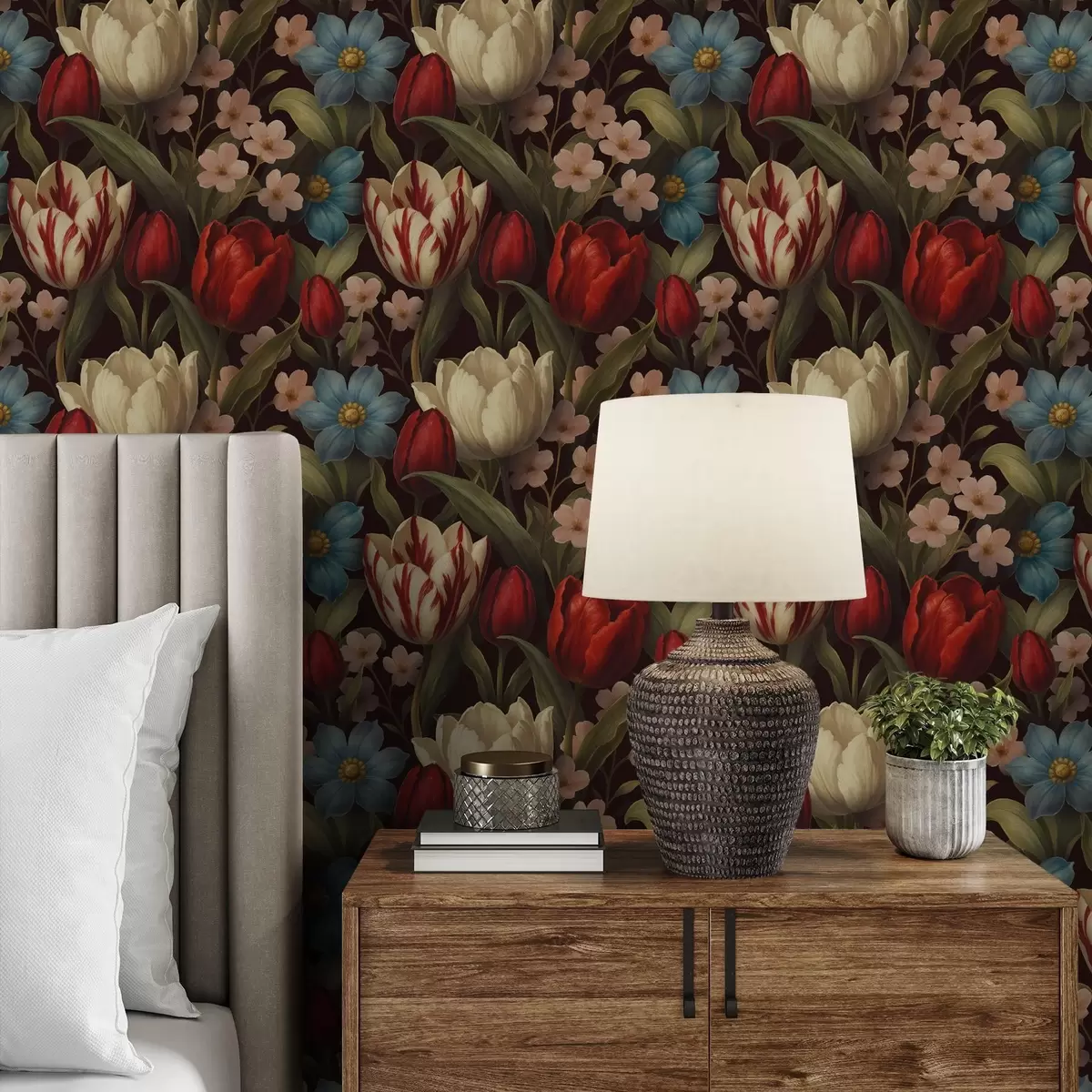 Tapete Leuchtende Tulpen und blaue Blumen auf dunklem Hintergrund a00746