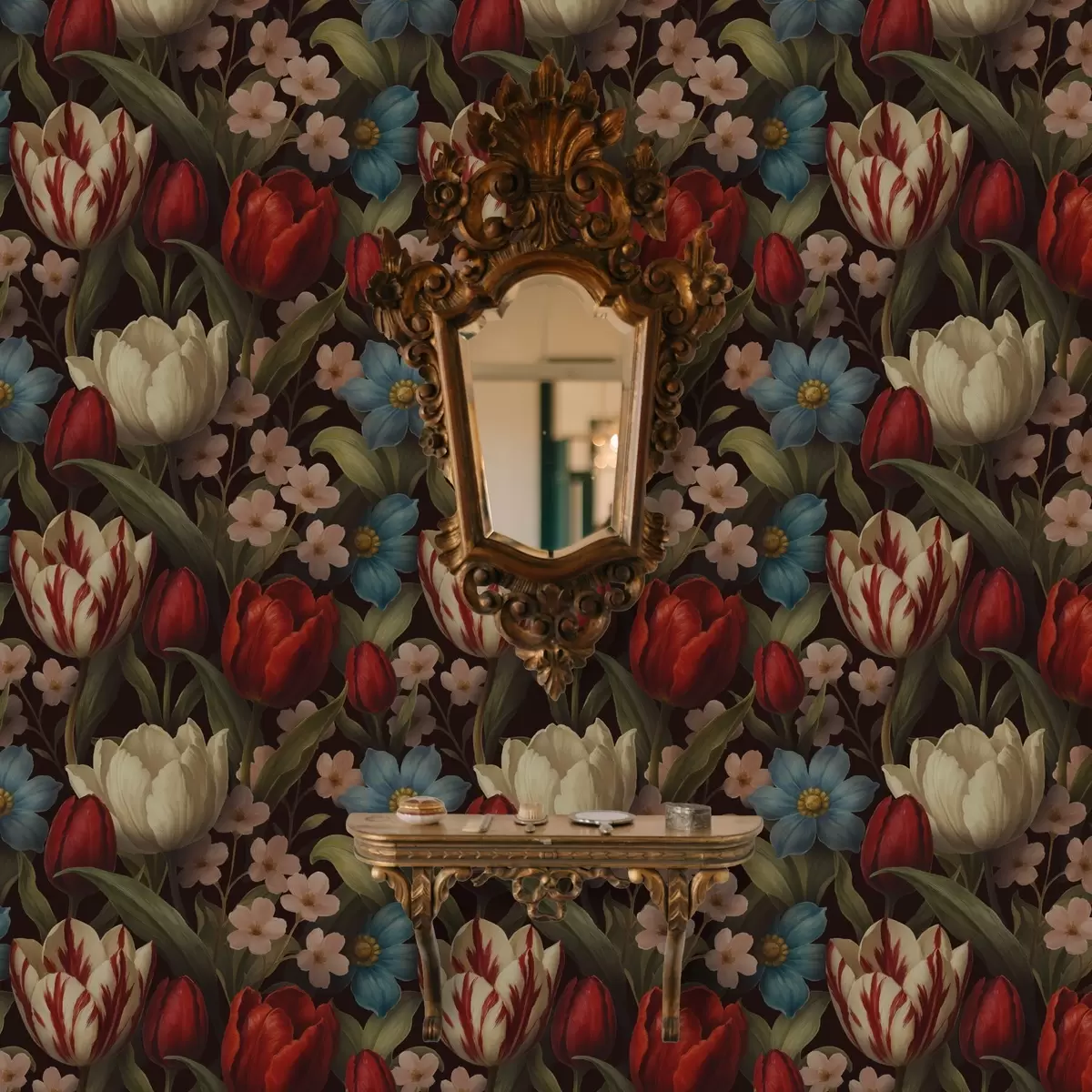 Tapete Leuchtende Tulpen und blaue Blumen auf dunklem Hintergrund a00746