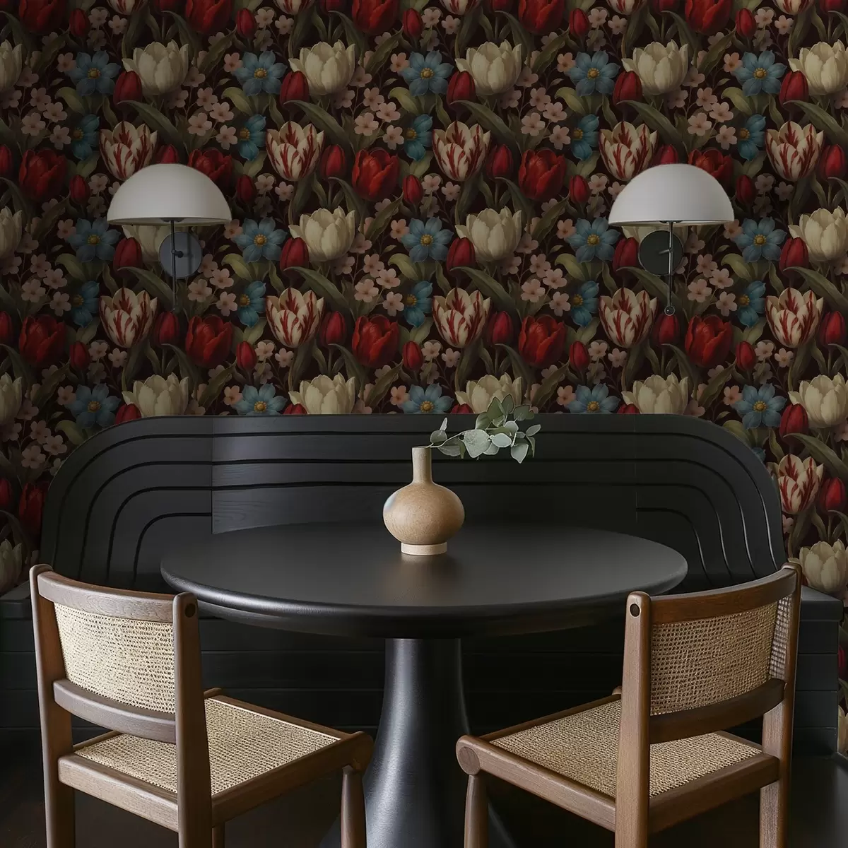 Tapete Leuchtende Tulpen und blaue Blumen auf dunklem Hintergrund a00746