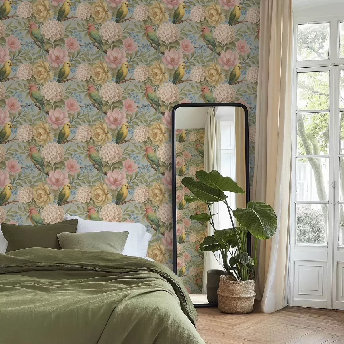 Tapete Papageien zwischen Pfingstrosen, Hortensien und Magnolien a00747