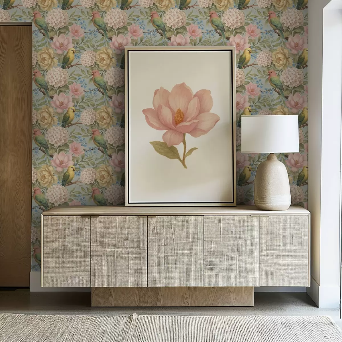 Tapete Papageien zwischen Pfingstrosen, Hortensien und Magnolien a00747 Tapete Papageien zwischen Pfingstrosen, Hortensien und Magnolien a00747