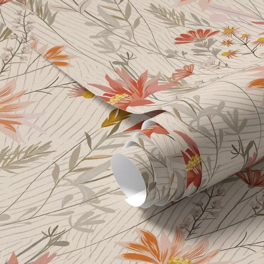 Fototapete Wildblumen in warmen Farbtönen auf beigem Hintergrund a00751