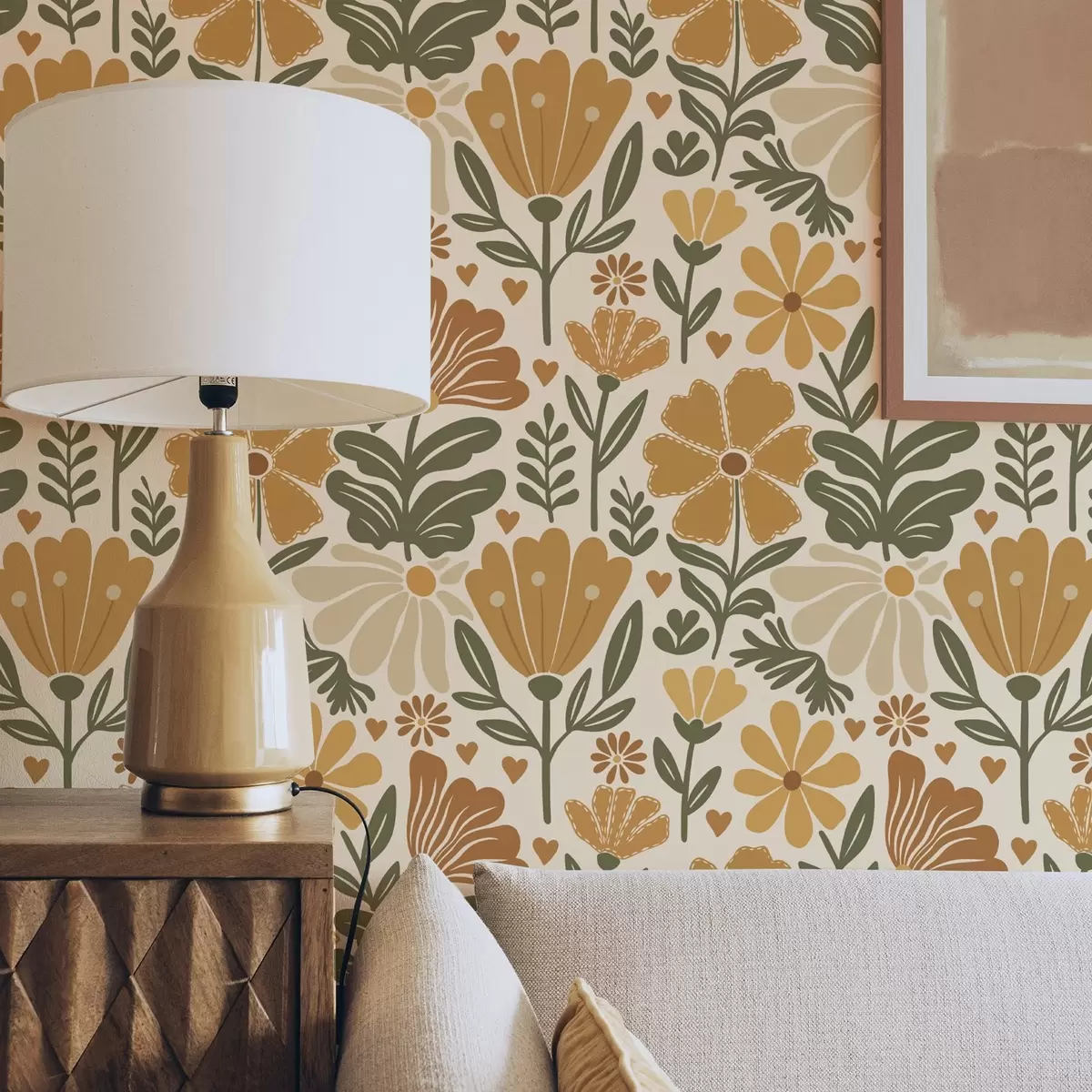 Tapete Stilisierte Blumen in warmen Farbtönen mit Herzen a00752