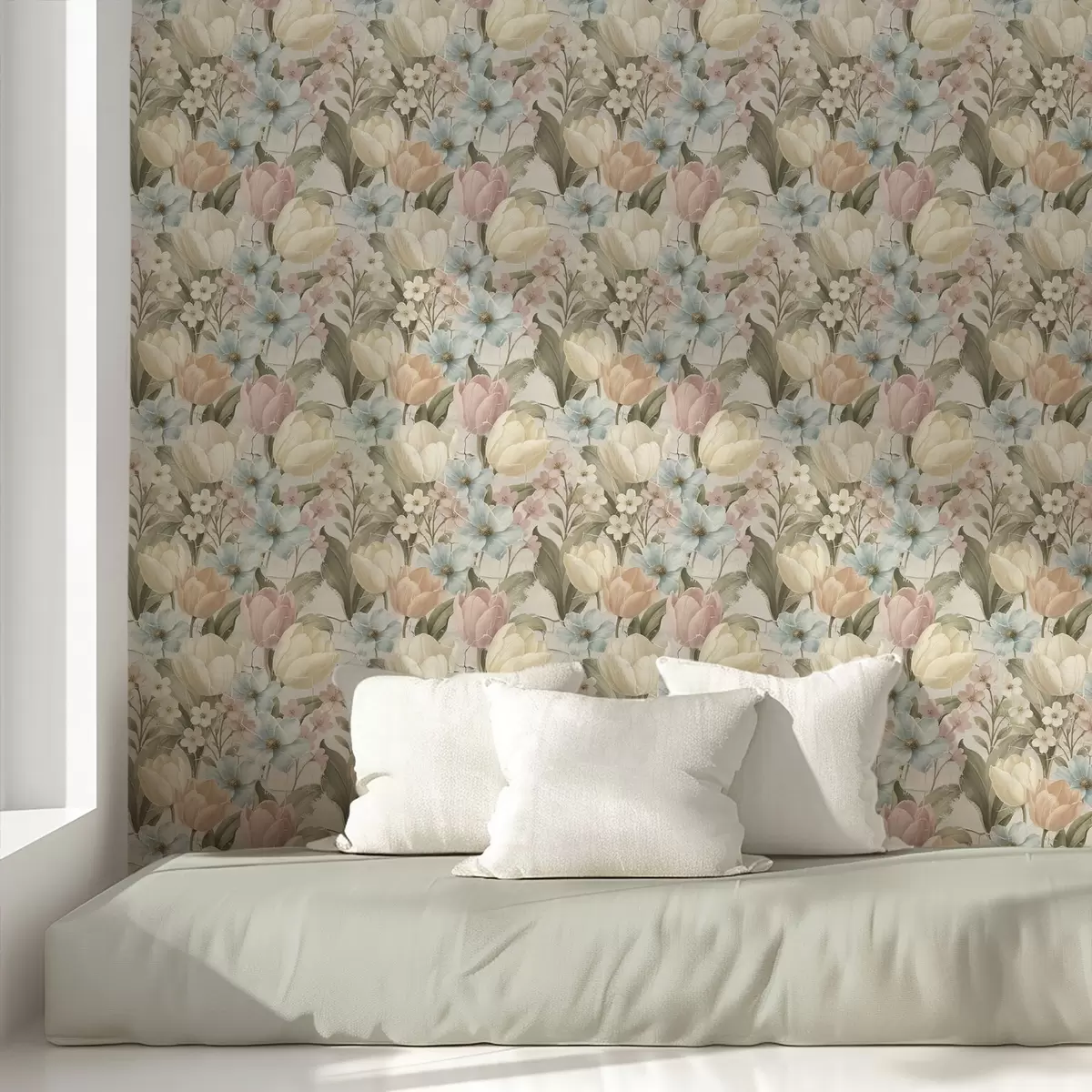 Tapete Pastellfarbene Tulpen und Blumen auf hellem, rissigem Hintergrund a00756