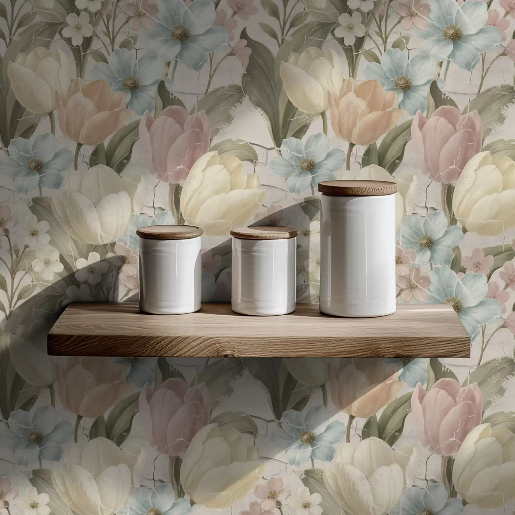 Fototapete Pastellfarbene Tulpen und Blumen auf hellem, rissigem Hintergrund a00756