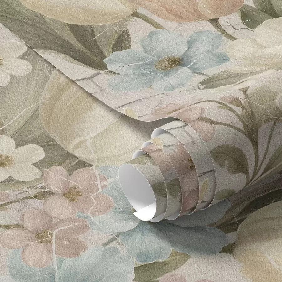 Fototapete Pastellfarbene Tulpen und Blumen auf hellem, rissigem Hintergrund a00756