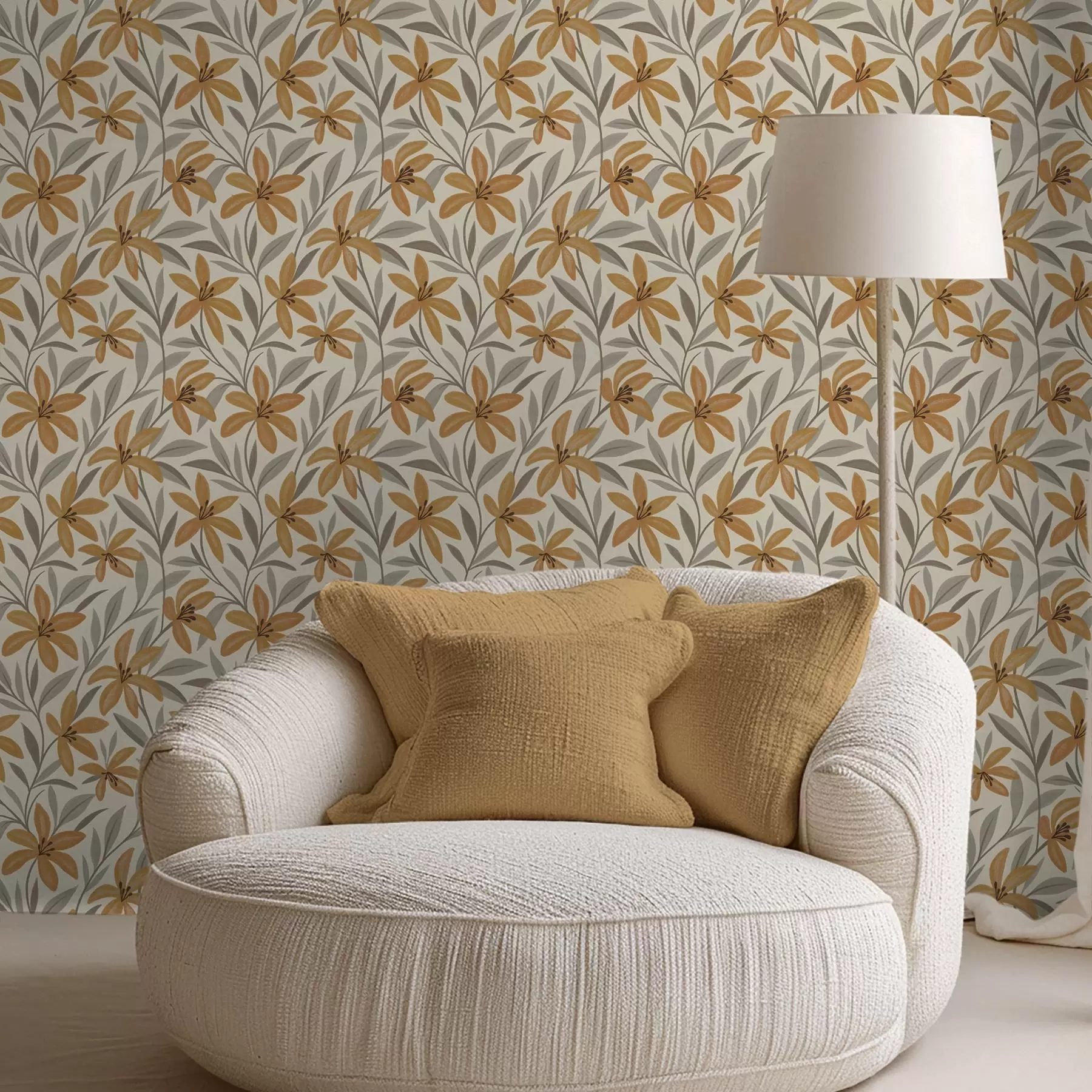 Fototapete Gelbe Lilien und graugrüne Blätter auf hellem Hintergrund a00757