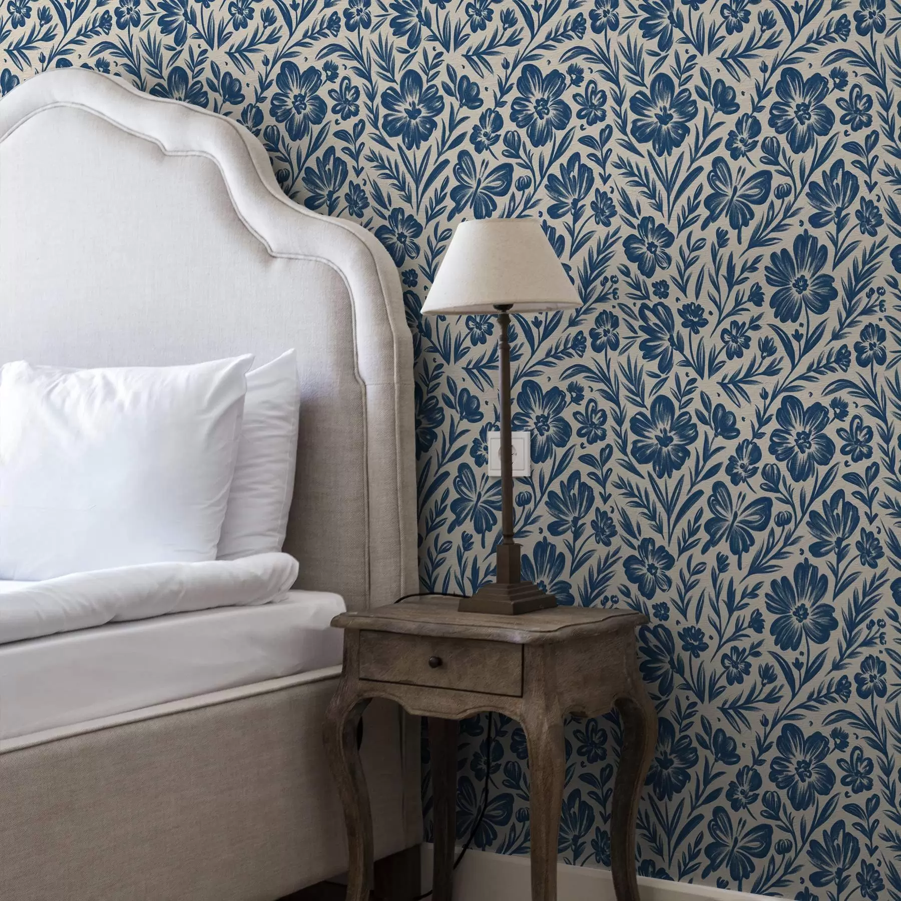 Fototapete Blaues Blumenornament mit Schmetterlingen a00758