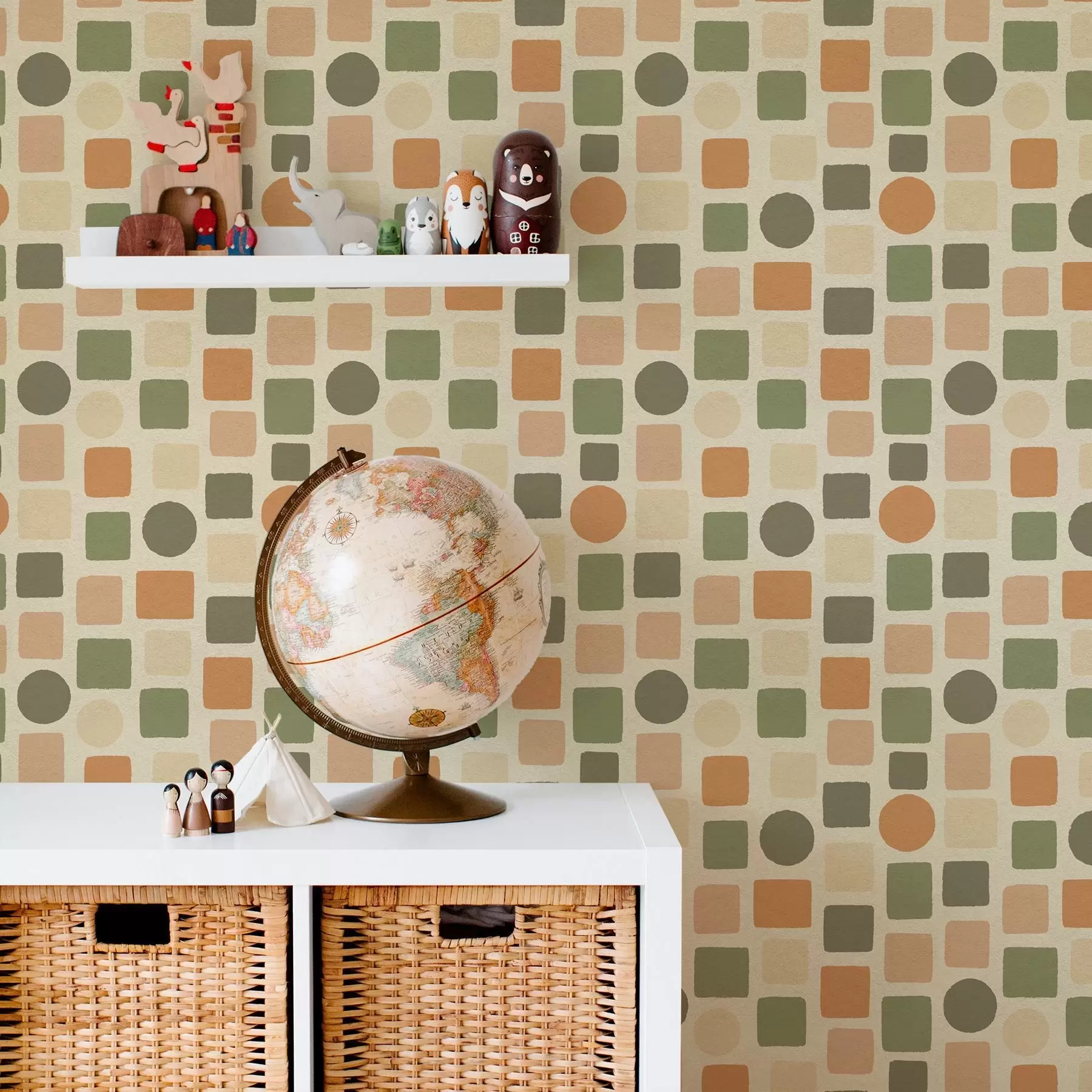 Fototapete Geometrisches Muster aus Quadraten und Kreisen in warmen Farbtönen a00759