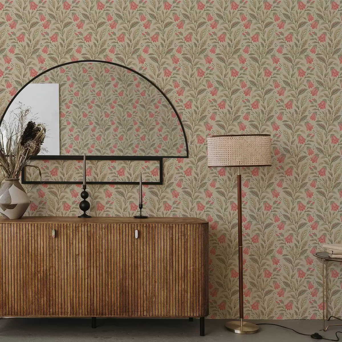 Tapete Kleine Blüten mit Glöckchen in rosa-grüner Farbpalette a00760