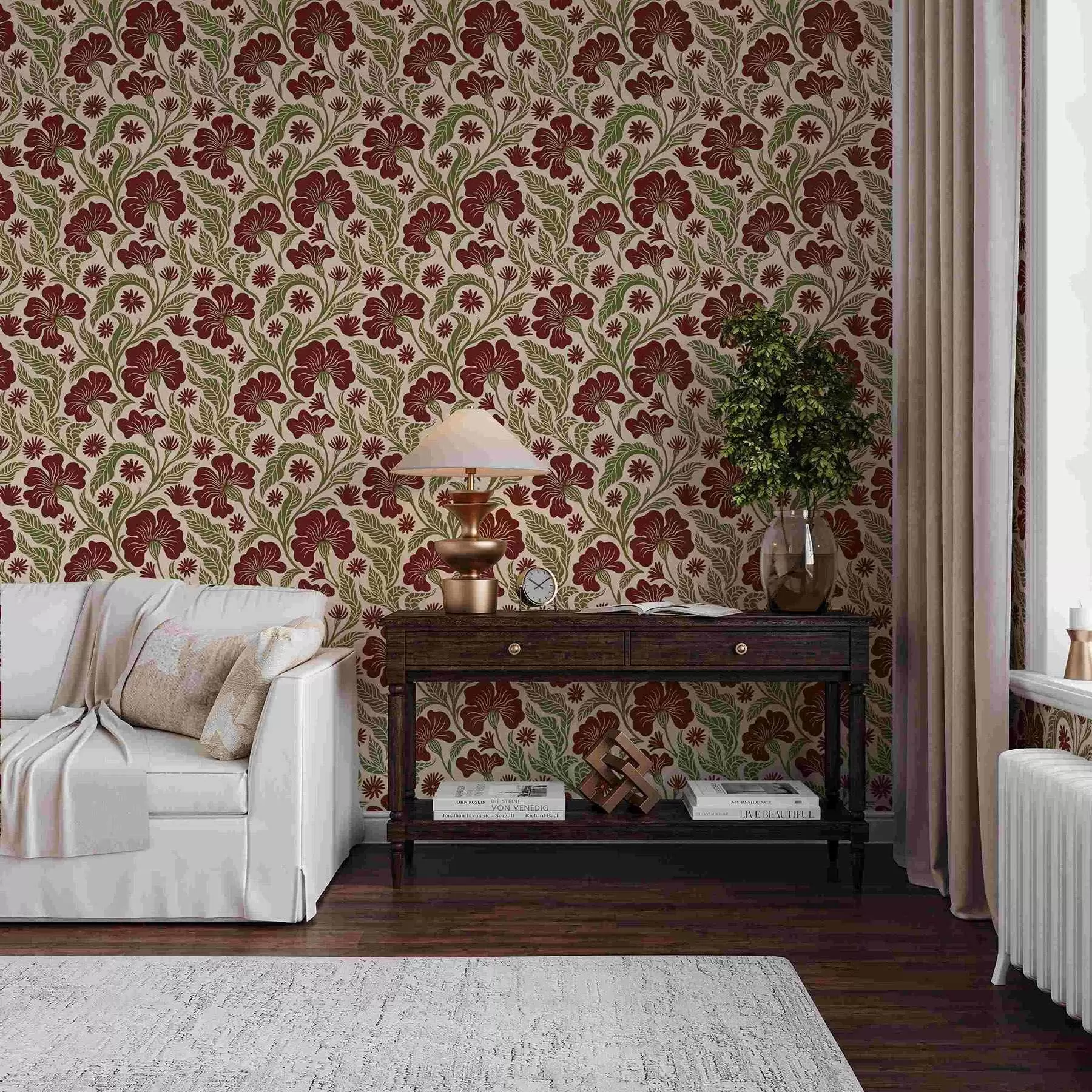 Fototapete Burgunderrote Blumen mit grünen Blättern auf hellem Hintergrund a00761