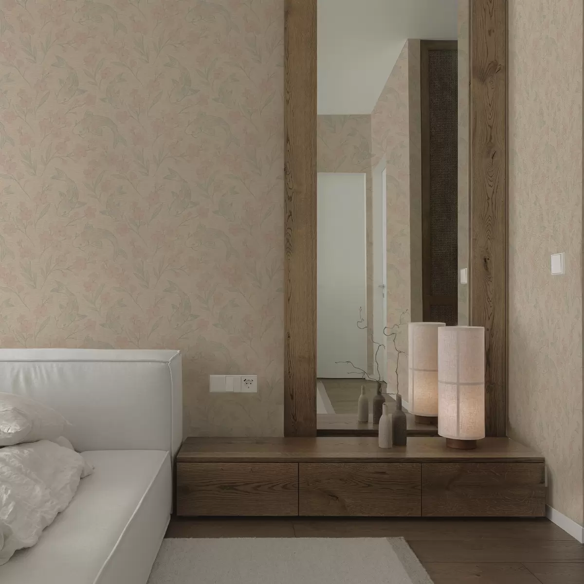 Tapete Karpfen zwischen Blumen in sanften Beige- und Rosatönen a00766