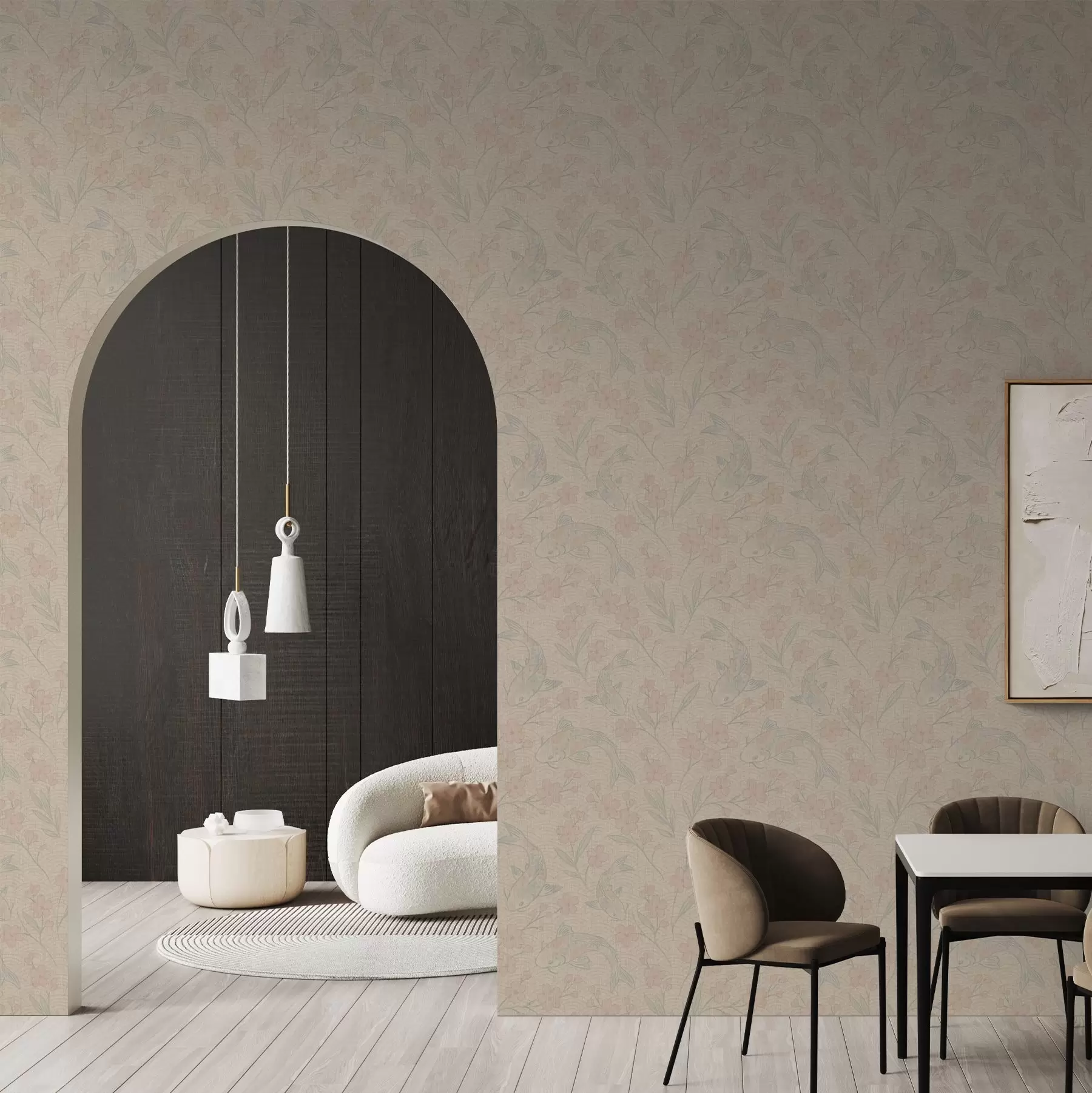 Fototapete Karpfen zwischen Blumen in sanften Beige- und Rosatönen a00766