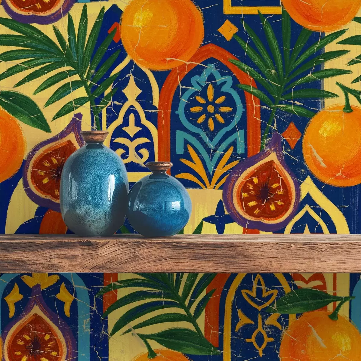 Tapete Leuchtende Orangen, Palmblätter und marokkanische Bögen a00767