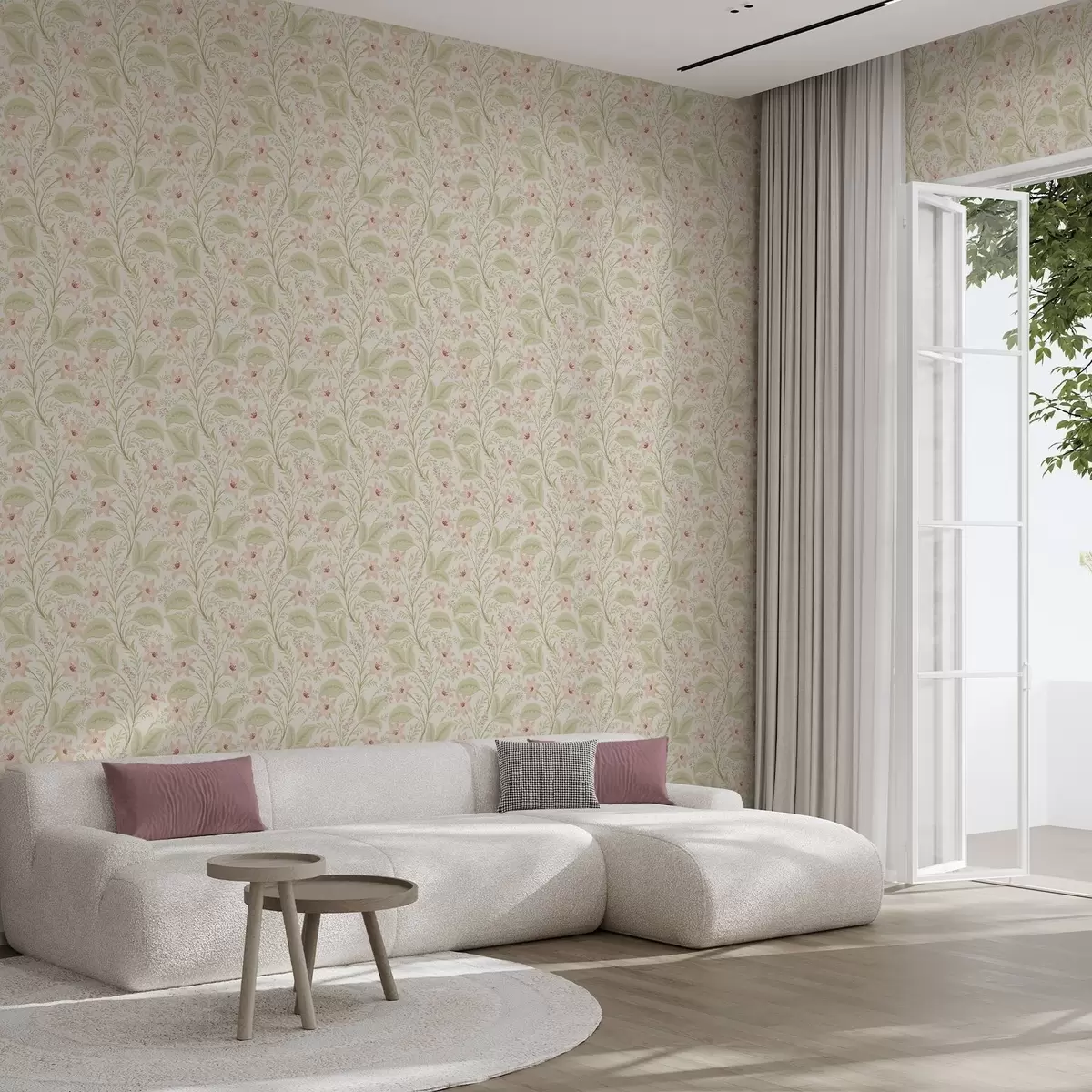 Tapete Zarte Blumen und Blätter in Pastelltönen a00771