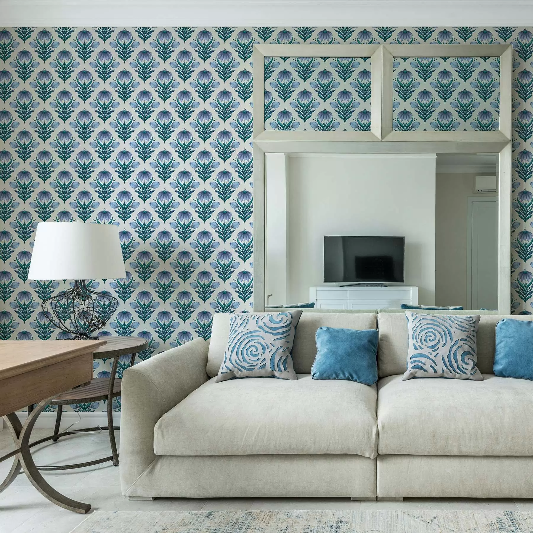 Fototapete Symmetrisches Blumenornament in Blau-Weiß-Tönen a00812v2