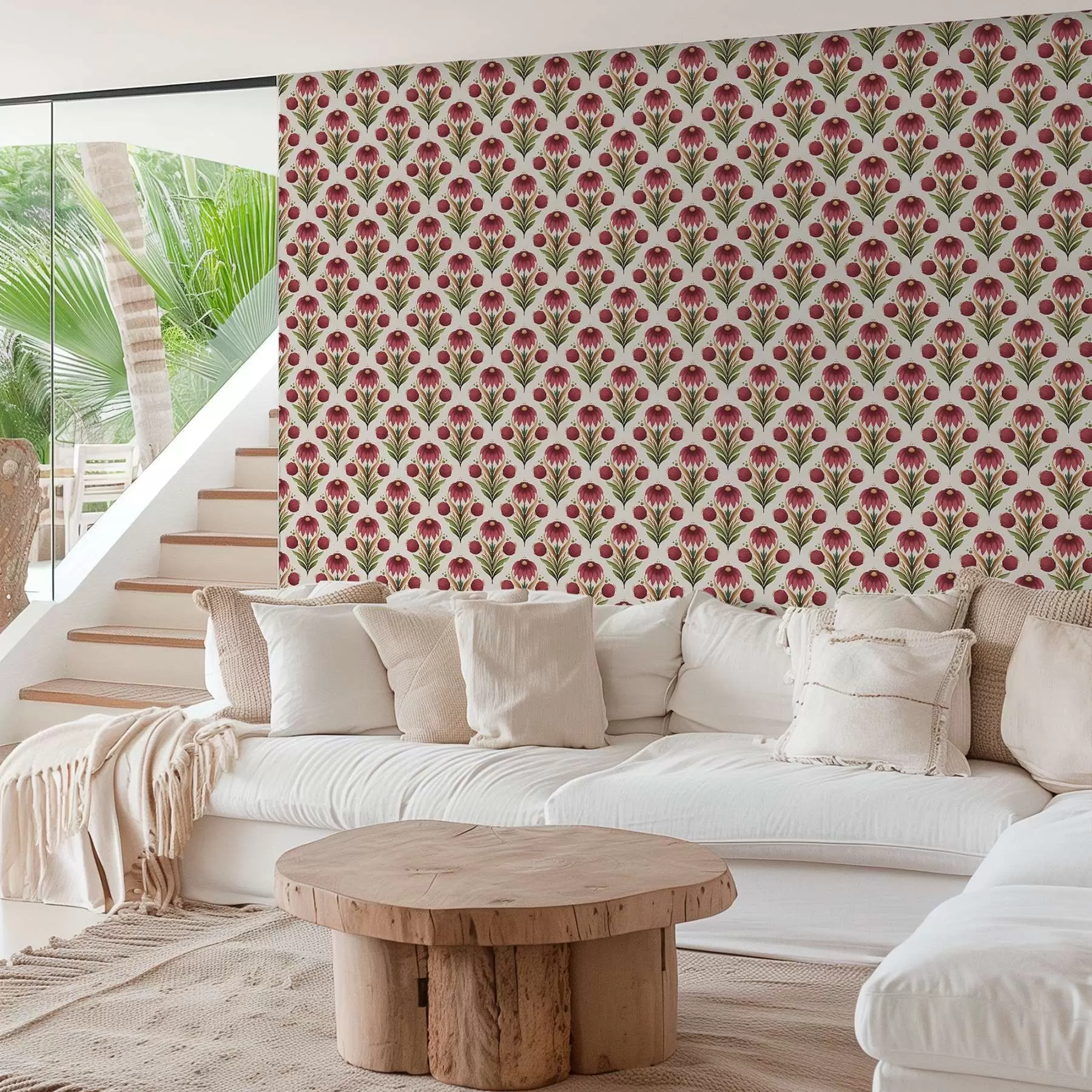 Fototapete Symmetrisches Blumenornament in satten Rot-Grün-Tönen a00812v4