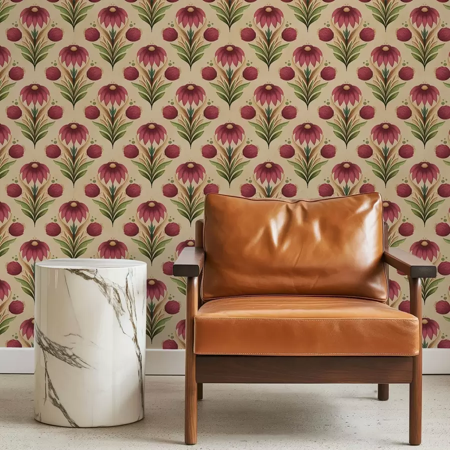 Fototapete Symmetrisches Blumenornament auf warmem beigem Hintergrund a00812v6