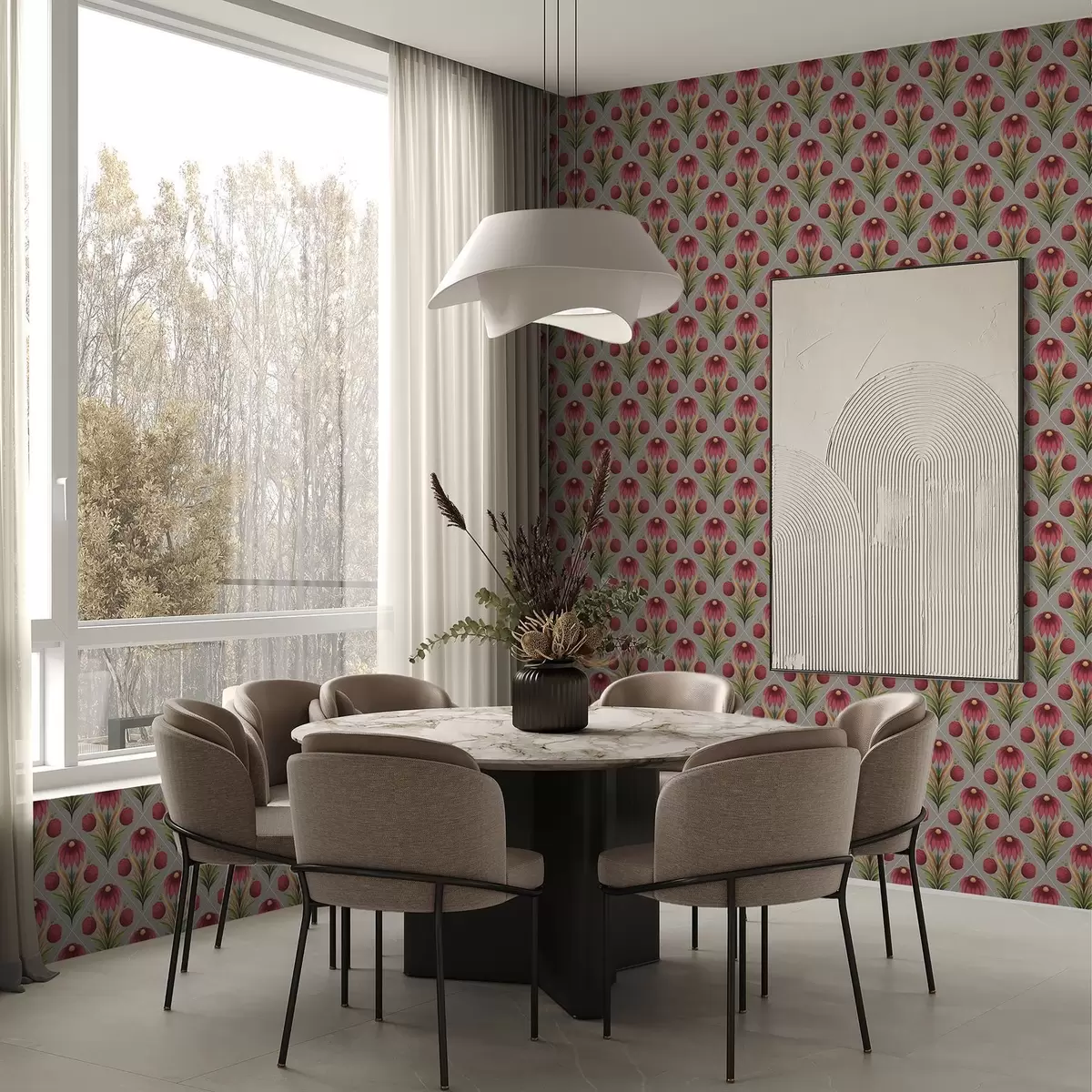 Tapete Symmetrisches Blumenornament auf grauem Hintergrund mit Diagonalen a00869